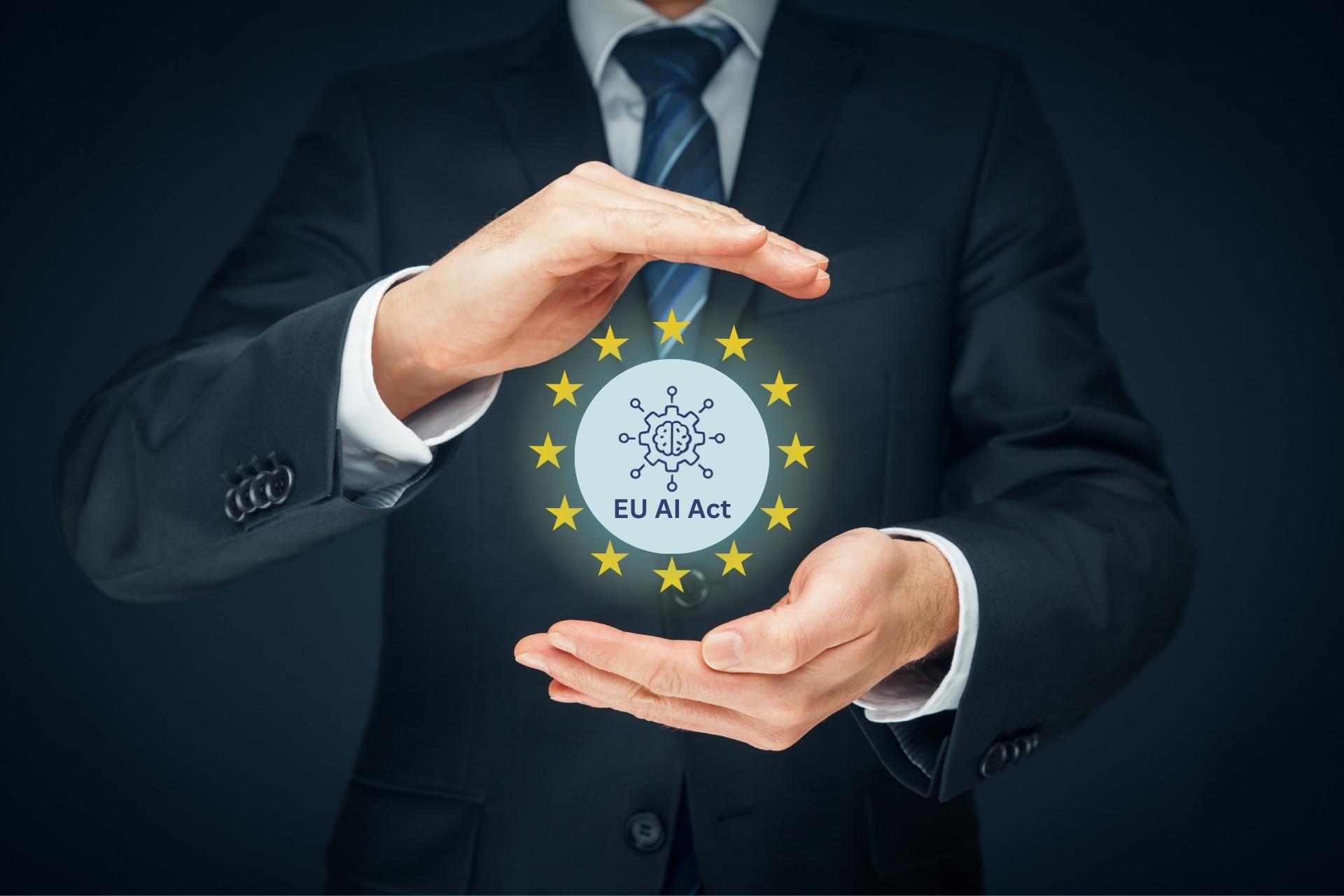 EU AI Act auf einer Kugel zwischen zwei Händen